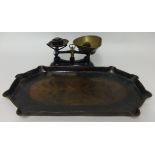 A set of kitchen salter scales and weights, also hammered metal art nouveau tray.