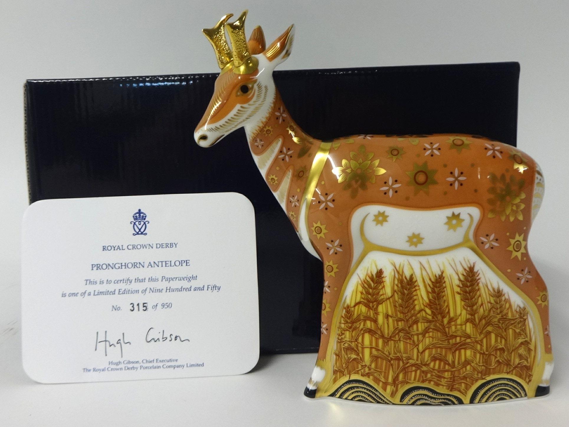 Royal Crown Derby Paperweight 'Pronghorn Antelope' No 315/950 with gold stopper, boxed.