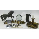 Art Deco cigarette holder, brass chamber stick, Antique horse stop, pewter ware various items carved