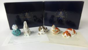 Royal Crown Derby Paperweight 'Scruff', 'Puppy', 'Teal Duckling', 'Nibbles' and 'Green Duck', gold