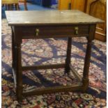 Antique oak side table fitted with a single drawer on turned legs with stretchers, width 71cm.