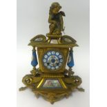 A French gilt mantle clock Sevres style porcelain panels, striking on a bell, P.MOUREY, 39cm