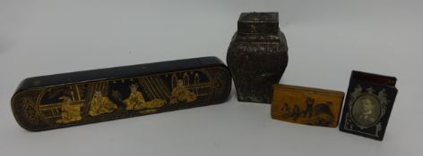 A Chinese lacquered and gilt decorated pencil box, 20cm long, Chinese metal tea caddy with