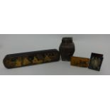 A Chinese lacquered and gilt decorated pencil box, 20cm long, Chinese metal tea caddy with