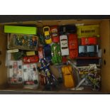 Box of mainly old toys including racing cars, air craft, Hornby tin plate Robert Hudson wagon and