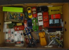 Box of mainly old toys including racing cars, air craft, Hornby tin plate Robert Hudson wagon and