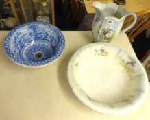 Floral design jug and bowl set by Grimwades, England and blue and white Panorama sink.