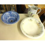 Floral design jug and bowl set by Grimwades, England and blue and white Panorama sink.