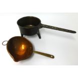 Antique bronze skillet the handle embossed Wasbrough and a copper skillet (2)