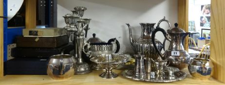 Various silver plated wares including cased sets, condiments and candelabra