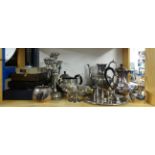 Various silver plated wares including cased sets, condiments and candelabra