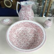 Cashmere, red and white floral design jug and bowl set with soapdish and another jug (4).