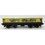 Hornby Gauge 0 No.2 passenger coach GW (1935-41), the diecast 'Mansell' wheels are showing signs