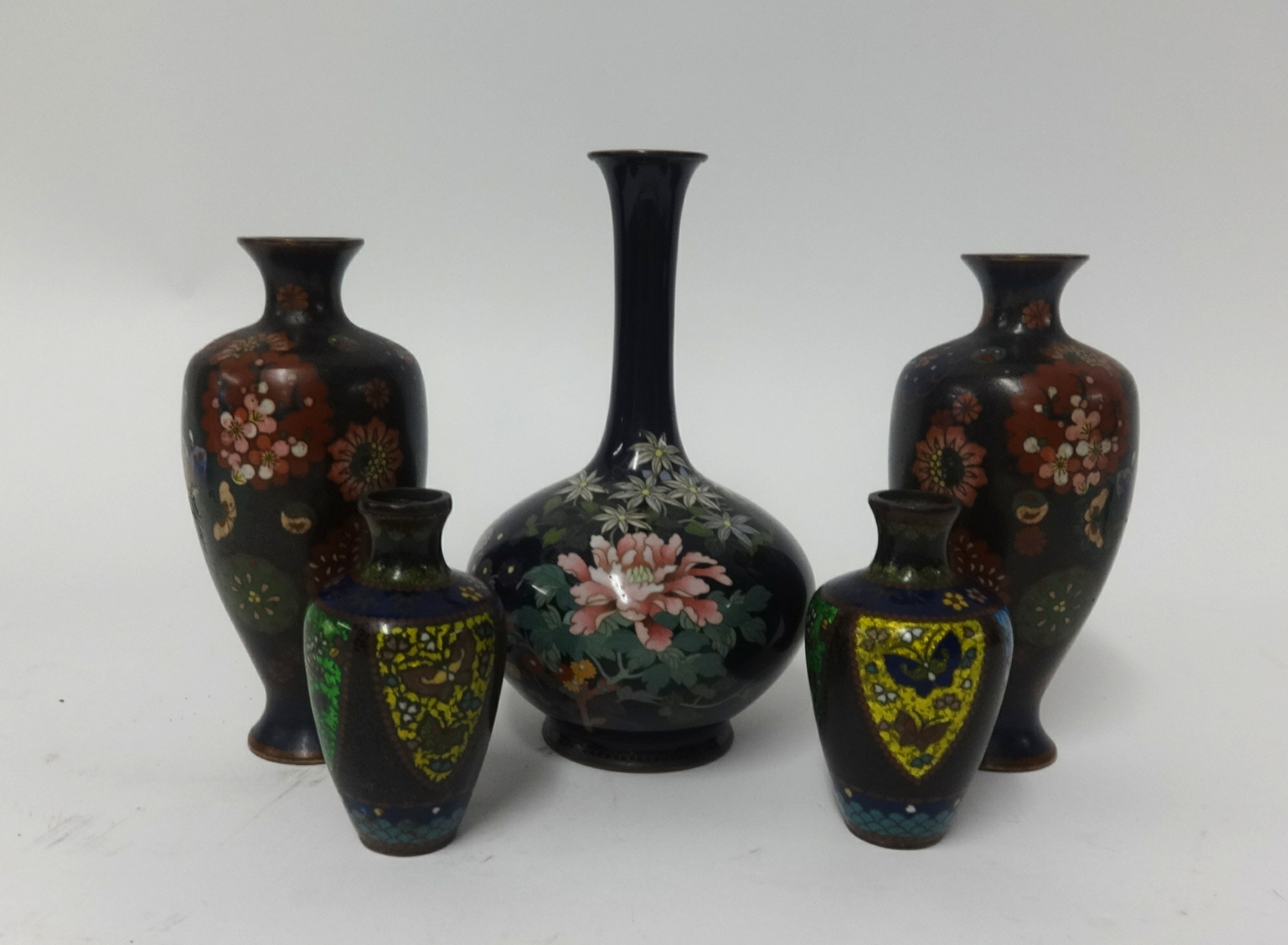 Collection of five small cloisonné vases, 20cm.