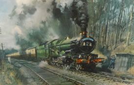 After Terence Cuneo, print, 'A Thoroughbred Heads the Cathedrals Express up Chipping Camden Bank'.
