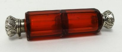 Victorian double ended scent bottle with cranberry glass, width 11cm.