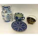 Reproduction Chinese 'boys' vase, replica blue and white chamber pot, art pottery bowl and brass