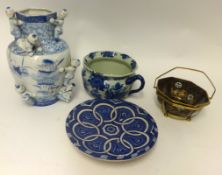 Reproduction Chinese 'boys' vase, replica blue and white chamber pot, art pottery bowl and brass