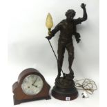 A Large speltar figurative table lamp after Rancoulet also a wood case eight day