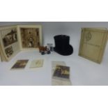 Traditional Top Hat, with photo, opera glasses, Coronation 1937 book and a another, 1915 mortgage
