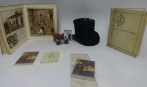 Traditional Top Hat, with photo, opera glasses, Coronation 1937 book and a another, 1915 mortgage
