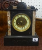 Victorian slate and marble mantle clock with bell strike and eight day movement, height 27cm.