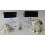 Royal Crown Derby Paperweight 'Ravi Infant Boy Elephant' No291 and 'Rupa Baby Girl Elephant No291,