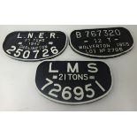 Three iron railway plaques comprising LMS 21 tonnes 26951, LNR 20 tonnes 1942 Darlington 250726