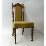A set of ten oak framed dining chairs on barley twist legs.