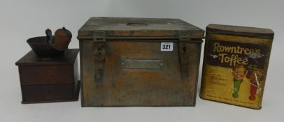 Antique coffee grinder, tin box with label 'Dressings' etc (3)