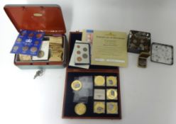 Various coins including sixpences, FDC's, collection of commemorative gilt British bank notes,