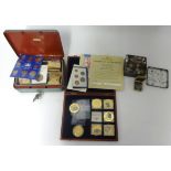 Various coins including sixpences, FDC's, collection of commemorative gilt British bank notes,