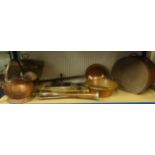 Brass coal box, a quantity of copper wares, bed warmers, jam pans, coal scuttle etc