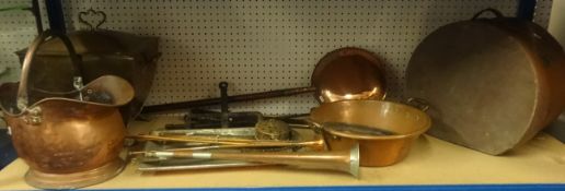 Brass coal box, a quantity of copper wares, bed warmers, jam pans, coal scuttle etc