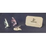 Swarovski Crystal Glass, three coloured fish, (damage to one fish fin), boxed.