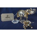 Swarovski Crystal Glass, Cinta elephant and baby with certificate of authenticity and plaque.