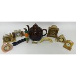 Various alabaster small mantel clocks, Victorian double spout tea pot etc.