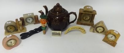 Various alabaster small mantel clocks, Victorian double spout tea pot etc.