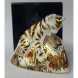 Royal Crown Derby Paperweight 'Bengal Cub Tiger Cub' silver stopper, boxed.