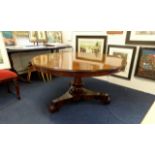 A fine Victorian rosewood circular pedestal dining table, the 'tip up top' over a pedestal base,