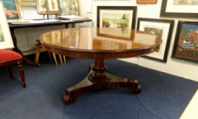 A fine Victorian rosewood circular pedestal dining table, the 'tip up top' over a pedestal base,