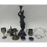 Various metal wares, pair of blue glass lined table salts, speltar figure, sugar helmet