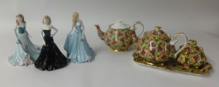 Three Coalport figurines, Royal Albert Country Roses teawares etc
