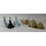 Three Coalport figurines, Royal Albert Country Roses teawares etc