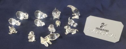 Swarovski Crystal Glass, Silver Crystal, collection of 13 pieces, including hippos, pigs etc