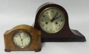 small walnut cased eight day clock also a 'Napolian' hat style mohogany cased clock (2)