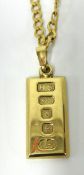 A 9ct gold fine necklace with ingot, 14gms.