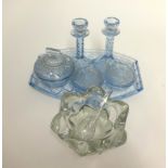 Art Deco blue glass dressing table set (six pieces) and a clear glass pestle mortar