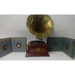 Horn gramophone player and two albums of 78 records