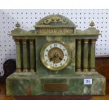 Green marble (onyx) mantle clock with presentation plaque 1915 of architecture design the dial